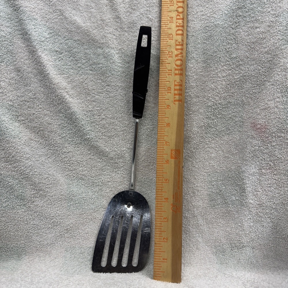 EKCO Chrome Plated Slotted Spatula Angled 13 Inch Black Plastic Handle Vintage